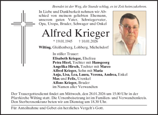 Traueranzeige von Alfred Krieger von Bayerwald Echo