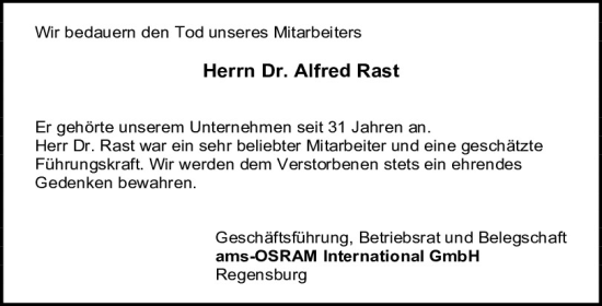 Traueranzeige von Alfred Rast von Mittelbayerische Zeitung Regensburg