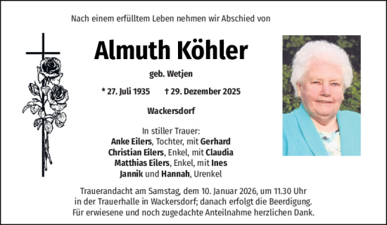 Traueranzeige von Almuth Köhler von Mittelbayerische Zeitung Schwandorf