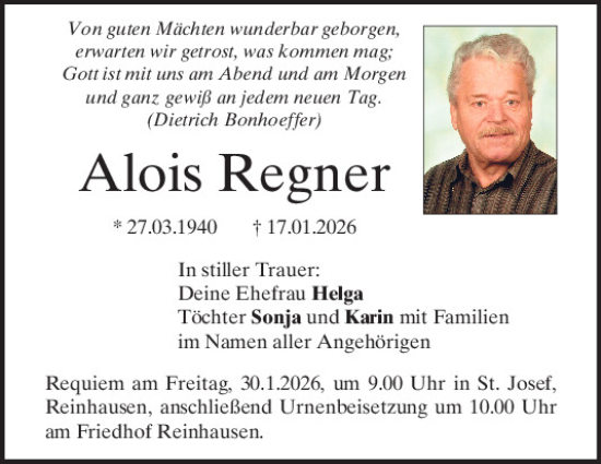 Traueranzeige von Alois Regner von Mittelbayerische Zeitung Regensburg