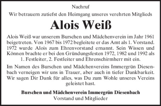 Traueranzeige von Alois Weiß von Mittelbayerische Zeitung Regensburg