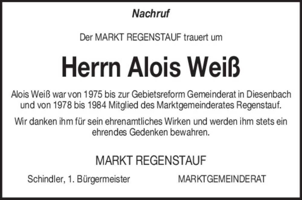  Traueranzeige für Alois Weiß vom 24.01.2026 aus Mittelbayerische Zeitung Regensburg