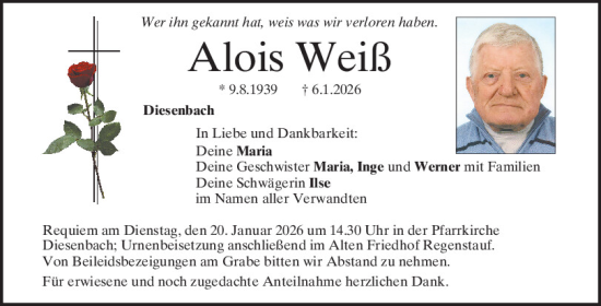 Traueranzeige von Alois Weiß von Mittelbayerische Zeitung Regensburg