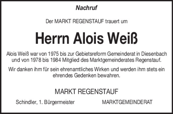 Traueranzeige von Alois Weiß von Mittelbayerische Zeitung Regensburg