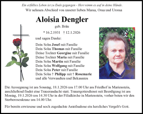 Traueranzeige von Aloisia Dengler von Bayerwald Echo