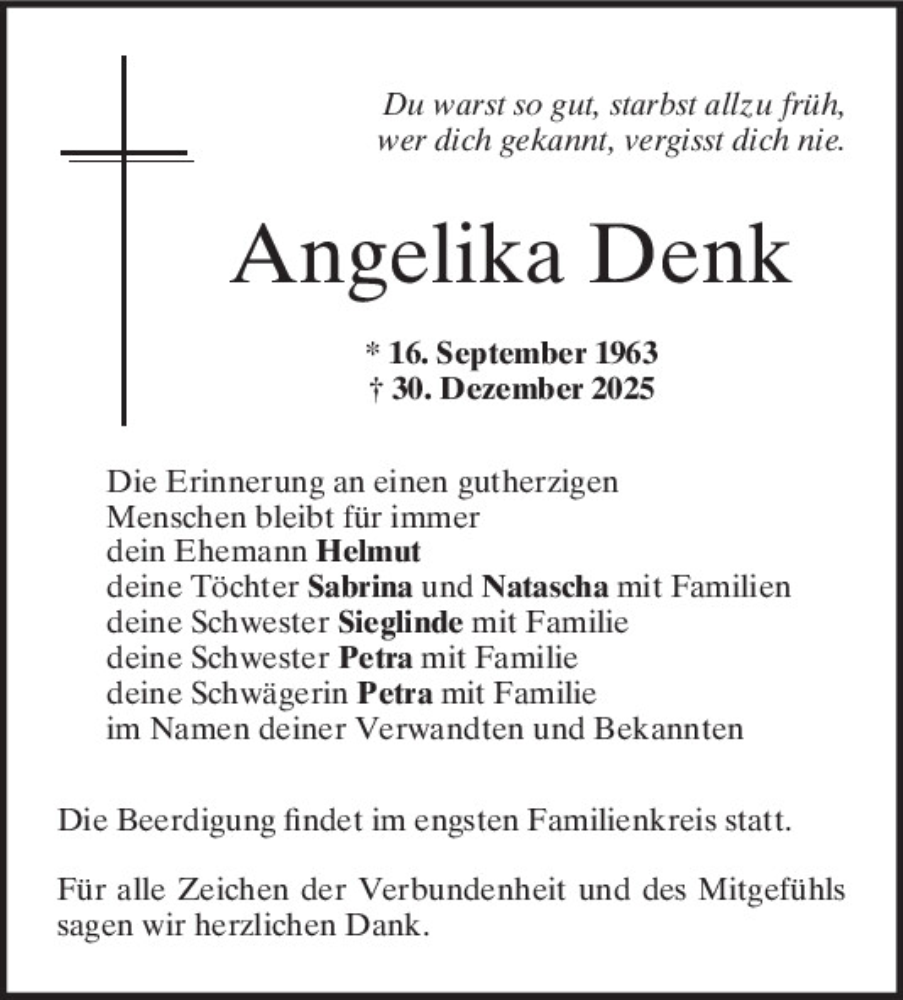  Traueranzeige für Angelika Denk vom 09.01.2026 aus Bayerwald Echo