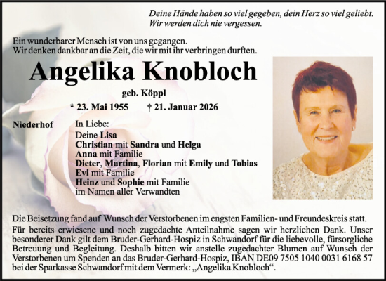 Traueranzeige von Angelika Knobloch von Mittelbayerische Zeitung Schwandorf