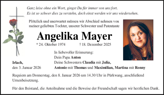 Traueranzeige von Angelika Mayer von Mittelbayerische Zeitung Kelheim