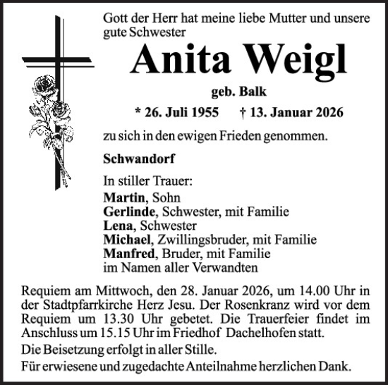 Traueranzeige von Anita Weigl von Mittelbayerische Zeitung Schwandorf