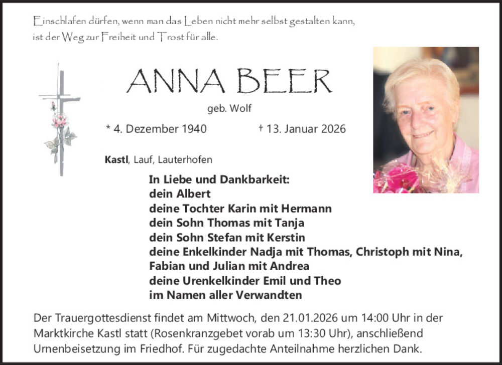  Traueranzeige für Anna Beer vom 17.01.2026 aus Neumarkter Tagblatt