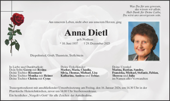 Traueranzeige von Anna Dietl von Bayerwald Echo