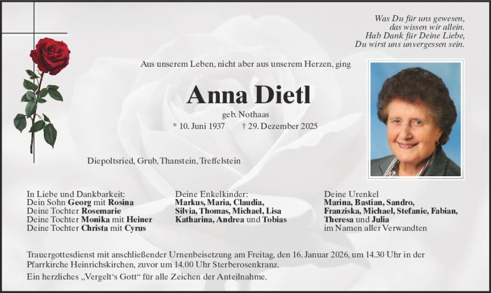  Traueranzeige für Anna Dietl vom 13.01.2026 aus Bayerwald Echo