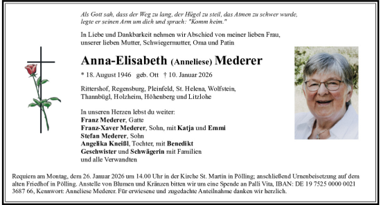 Traueranzeige von Anna-Elisabeth Mederer von Neumarkter Tagblatt