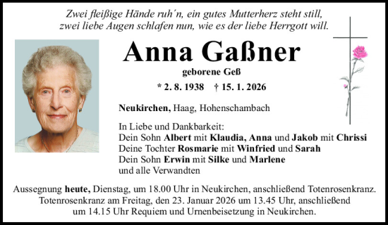Traueranzeige von Anna Gaßner von Mittelbayerische Zeitung Regensburg