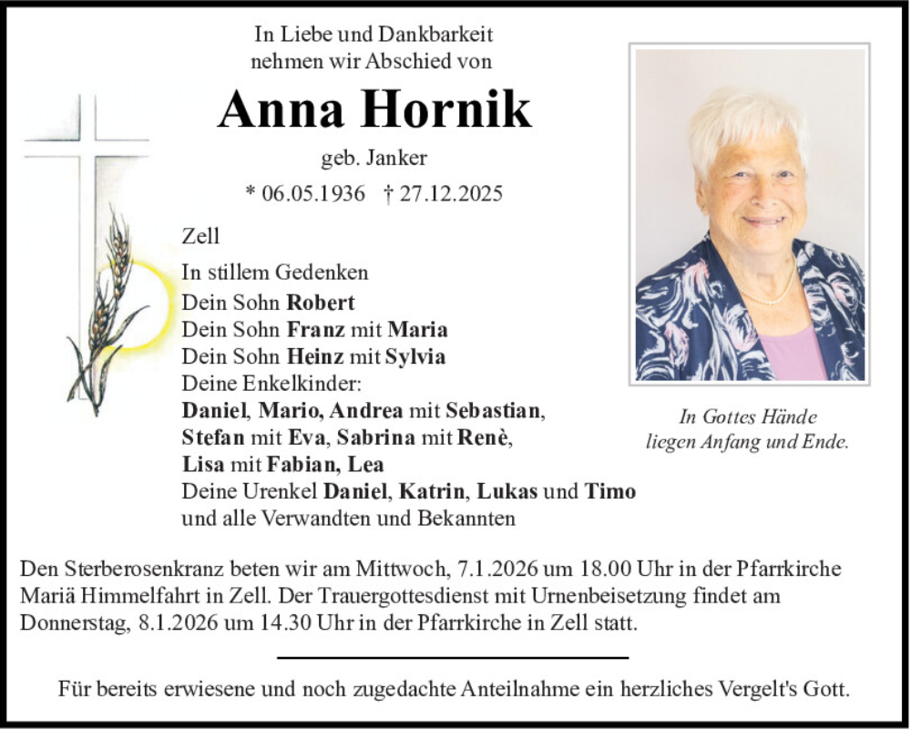  Traueranzeige für Anna Hornik vom 03.01.2026 aus Bayerwald Echo