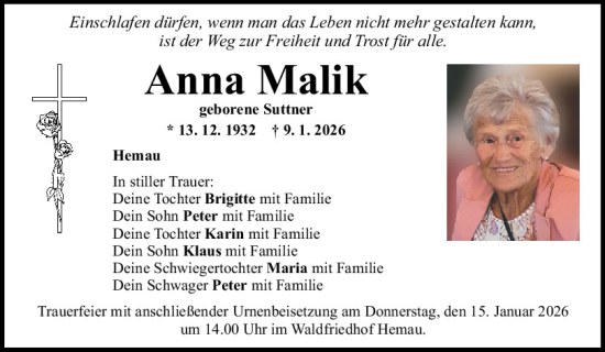 Traueranzeige von Anna Malik von Mittelbayerische Zeitung Regensburg