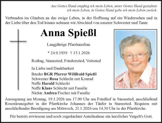 Traueranzeige von Anna Spießl von Bayerwald Echo