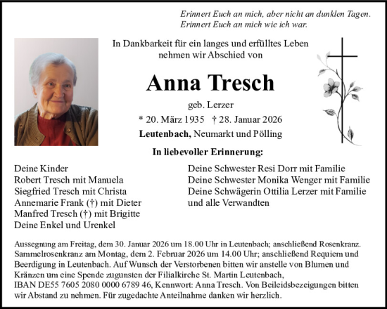 Traueranzeige von Anna Tresch von Neumarkter Tagblatt