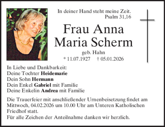 Traueranzeige von Anna Maria Scherm von Mittelbayerische Zeitung Regensburg
