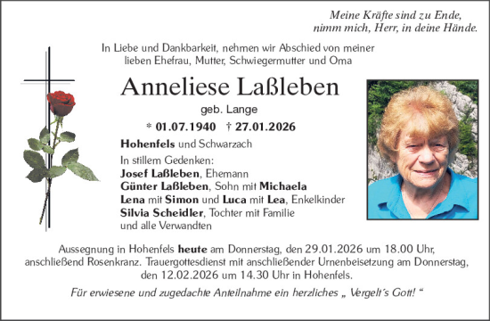 Traueranzeige von Anneliese Laßleben von Neumarkter Tagblatt
