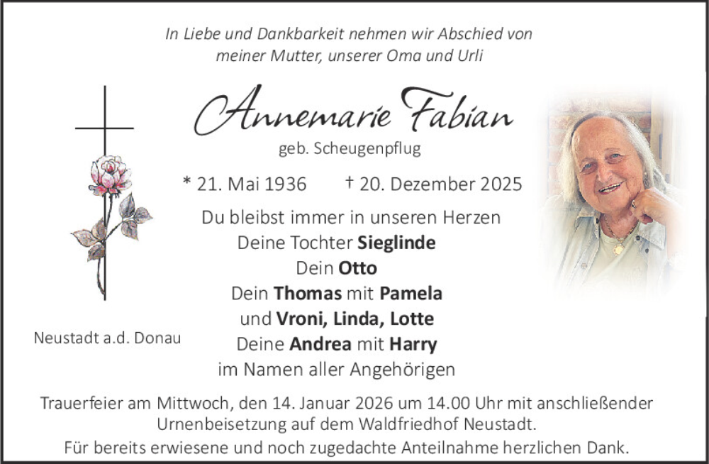  Traueranzeige für Annemarie Fabian vom 10.01.2026 aus Mittelbayerische Zeitung Kelheim