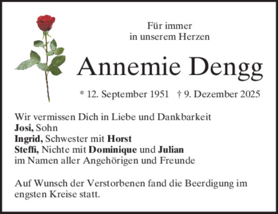 Traueranzeige von Annemie Dengg von Mittelbayerische Zeitung Regensburg