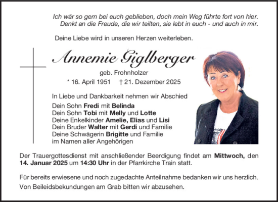 Traueranzeige von Annemie Giglberger von Mittelbayerische Zeitung Kelheim