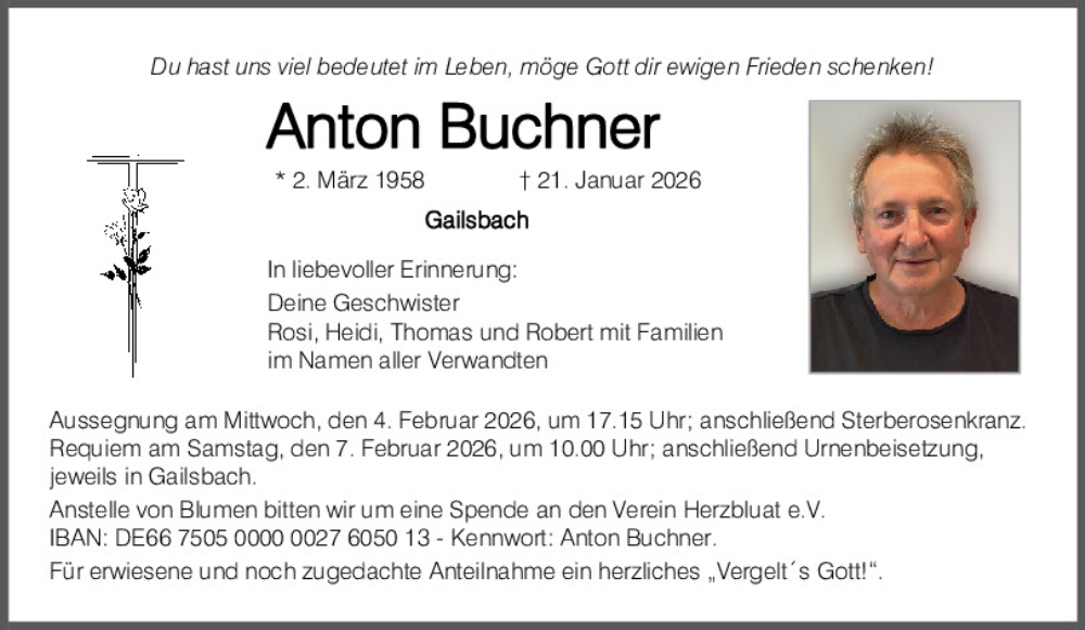  Traueranzeige für Anton Buchner vom 31.01.2026 aus Mittelbayerische Zeitung Regensburg