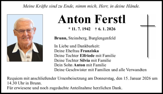 Traueranzeige von Anton Ferstl von Mittelbayerische Zeitung Regensburg