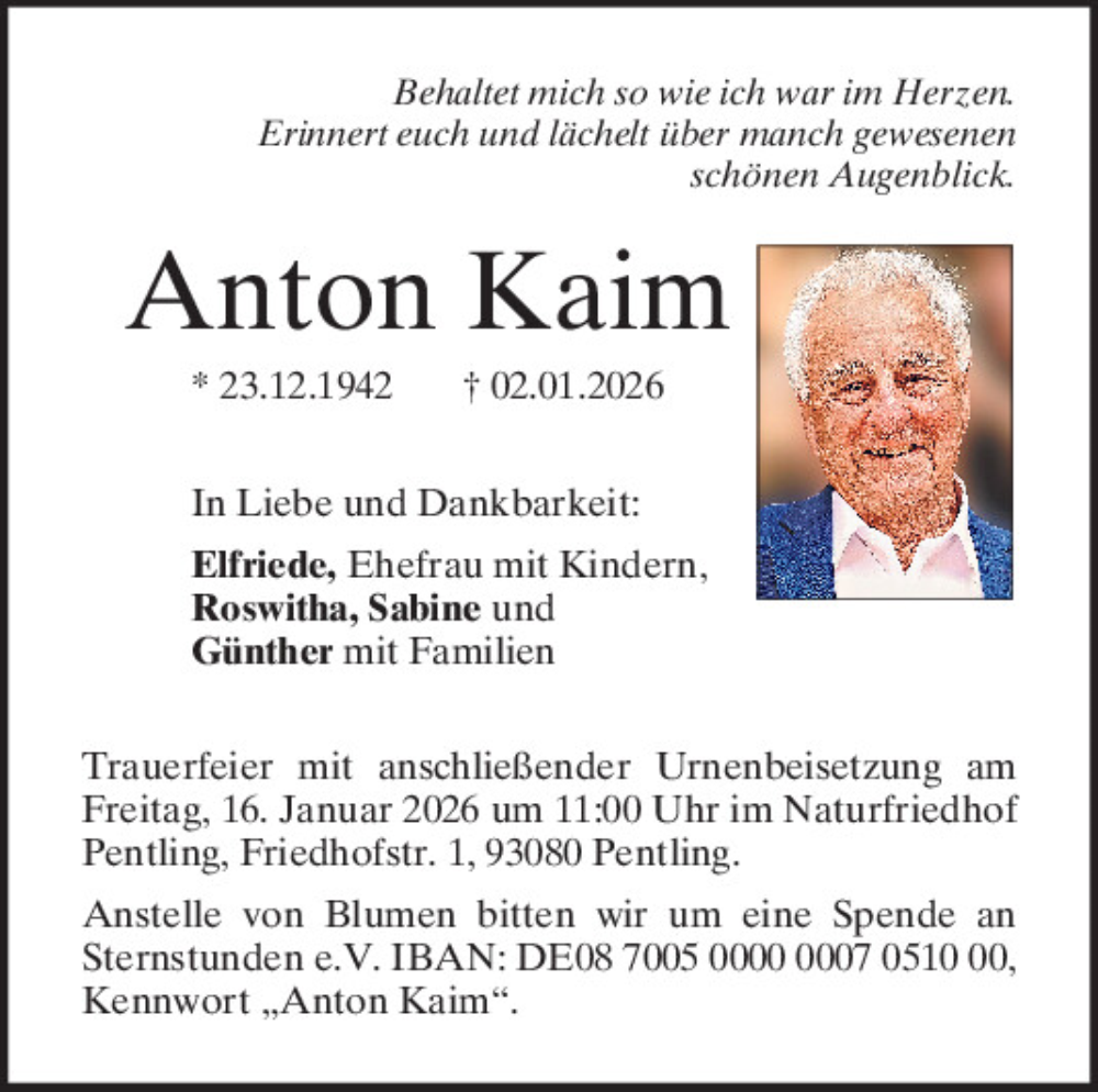  Traueranzeige für Anton Kaim vom 10.01.2026 aus Mittelbayerische Zeitung Regensburg