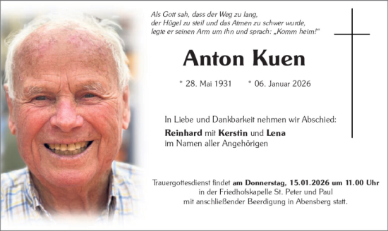 Traueranzeige von Anton Kuen von Mittelbayerische Zeitung Kelheim