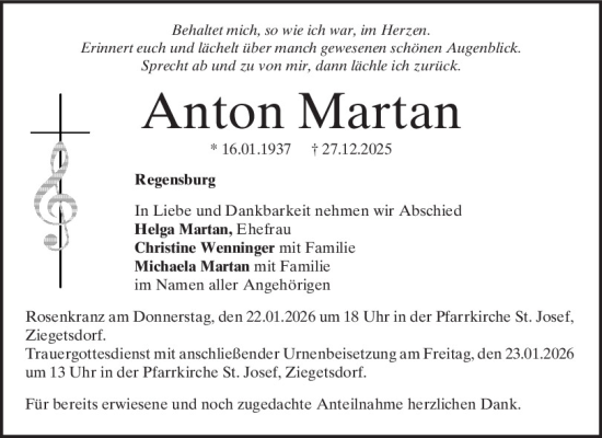Traueranzeige von Anton Martan von Mittelbayerische Zeitung Regensburg