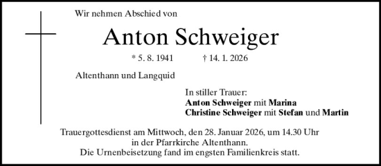 Traueranzeige von Anton Schweiger von Mittelbayerische Zeitung Regensburg