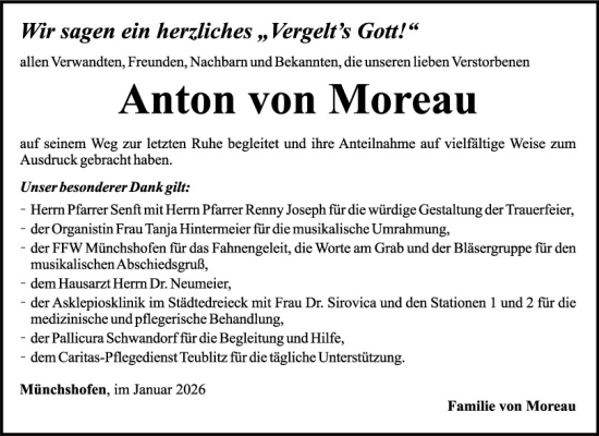 Traueranzeige von Anton von Moreau von Mittelbayerische Zeitung Schwandorf