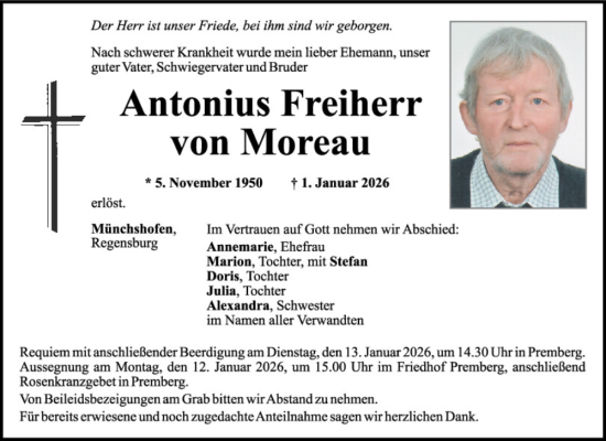 Traueranzeige von Antonius Freiherr von Moreau von Mittelbayerische Zeitung Schwandorf