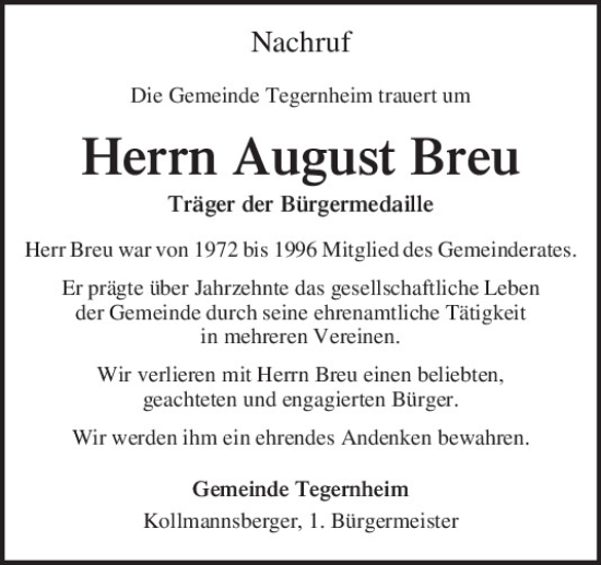 Traueranzeige von August Breu von Mittelbayerische Zeitung Regensburg