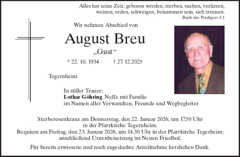  Traueranzeige für August Breu vom 17.01.2026 aus Mittelbayerische Zeitung Regensburg