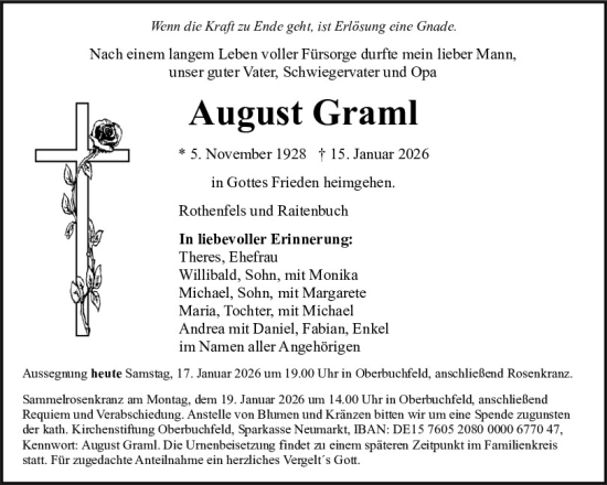 Traueranzeige von August Graml von Neumarkter Tagblatt