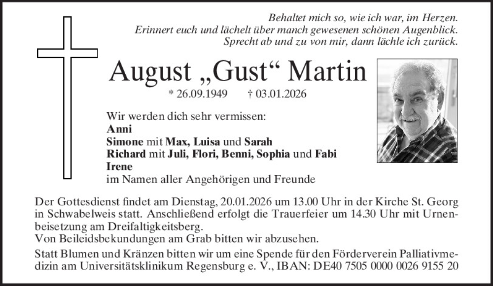  Traueranzeige für August Martin vom 10.01.2026 aus Mittelbayerische Zeitung Regensburg