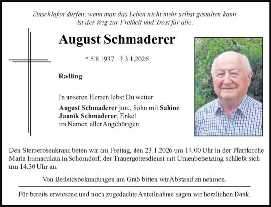 Traueranzeige von August Schmaderer von Bayerwald Echo