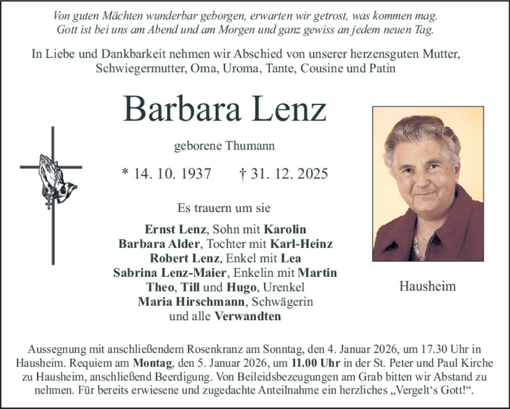  Traueranzeige für Barbara Lenz vom 03.01.2026 aus Neumarkter Tagblatt