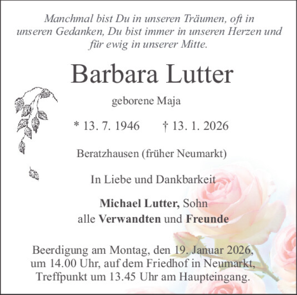 Traueranzeige für Barbara Lutter vom 17.01.2026 aus Neumarkter Tagblatt