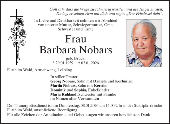 Traueranzeige von Barbara Nobars von Bayerwald Echo