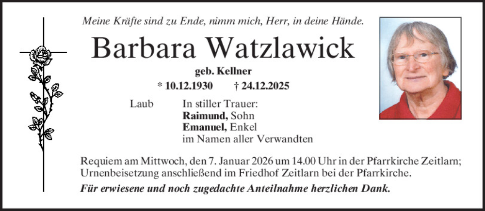  Traueranzeige für Barbara Watzlawick vom 03.01.2026 aus Mittelbayerische Zeitung Regensburg