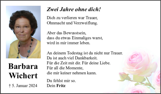 Traueranzeige von Barbara Wichert von Neumarkter Tagblatt