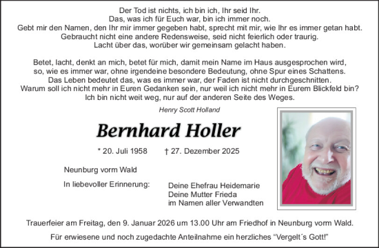 Traueranzeige von Bernhard Holler von Mittelbayerische Zeitung Regensburg, Mittelbayerische Zeitung Schwandorf
