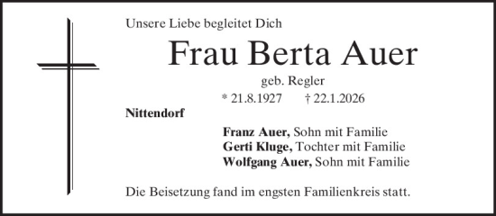Traueranzeige von Berta Auer von Mittelbayerische Zeitung Regensburg
