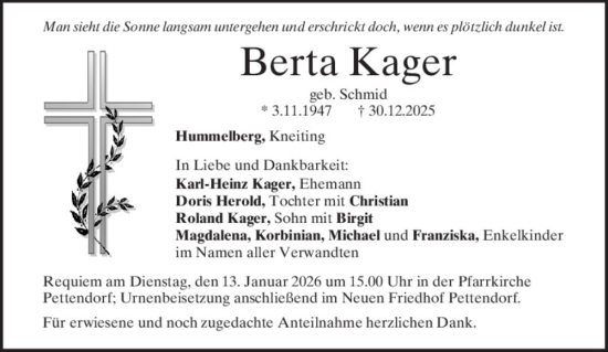 Traueranzeige von Berta Kager von Mittelbayerische Zeitung Regensburg