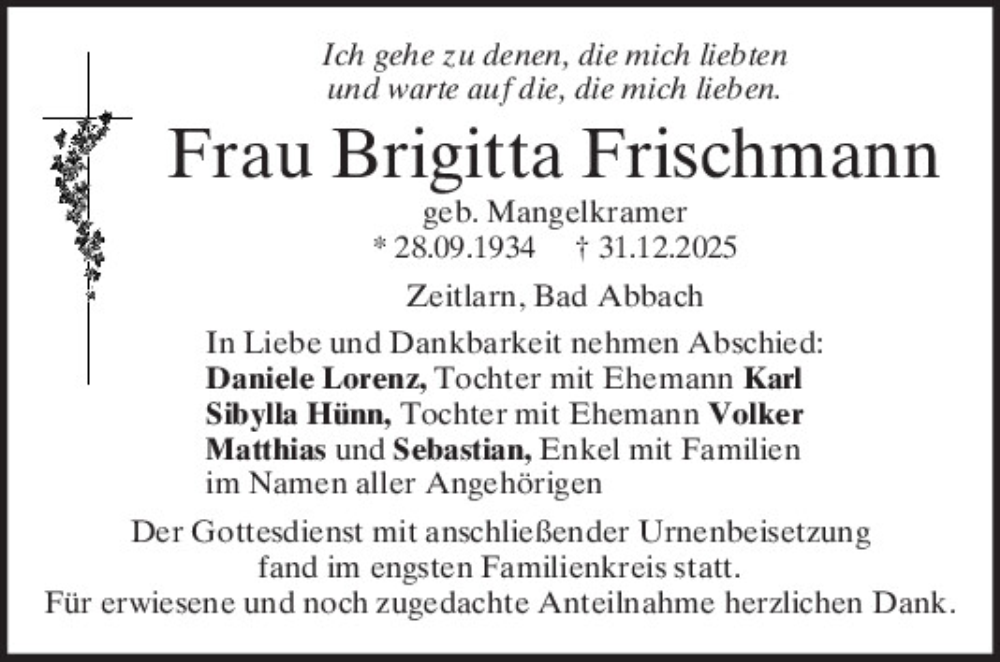 Traueranzeige für Brigitta Frischmann vom 24.01.2026 aus Mittelbayerische Zeitung Regensburg