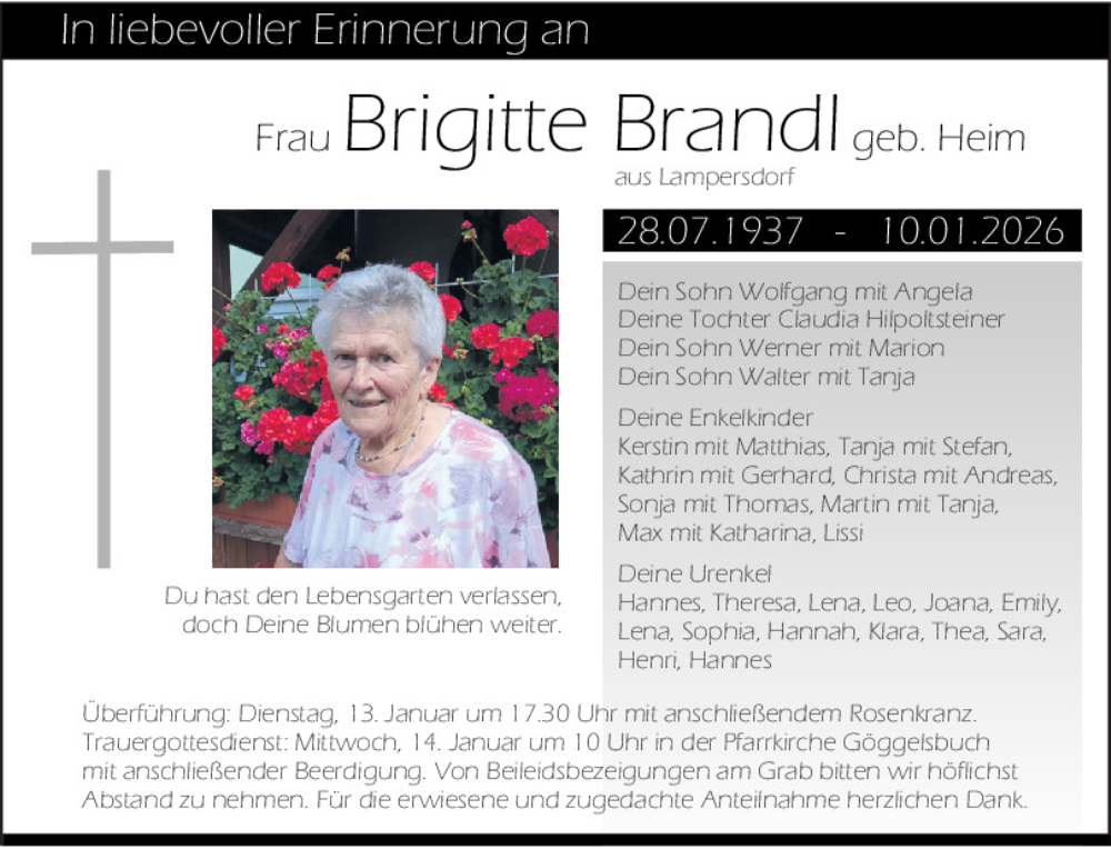  Traueranzeige für Brigitte Brandl vom 13.01.2026 aus Neumarkter Tagblatt